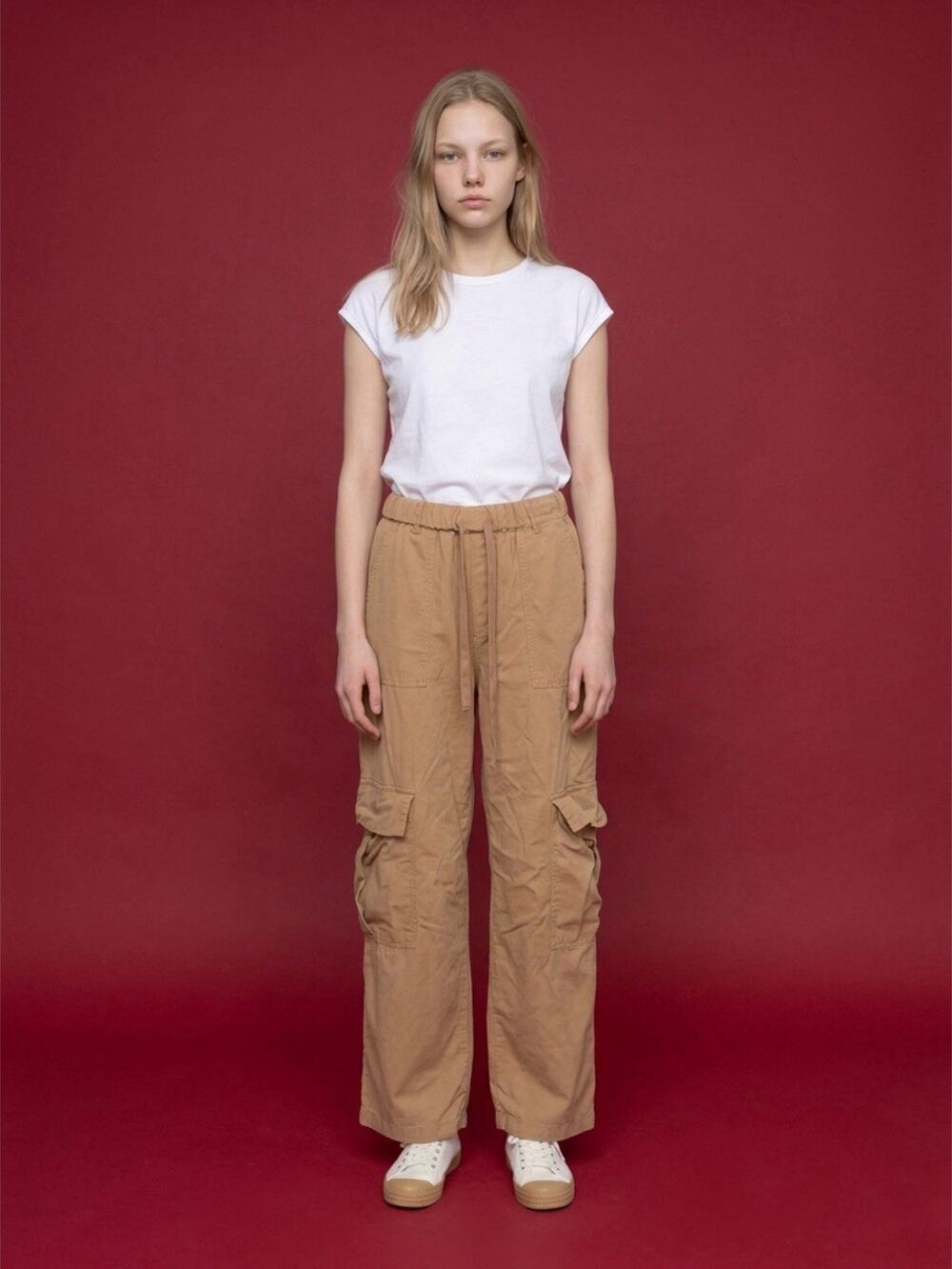 Vanilla Star Women XS Cargo Pants Tan Linen Rayon Y2K Wide Leg Mid Rise Pull On